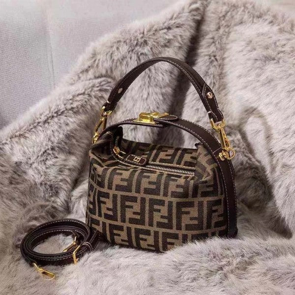 Fendi Baguette Mini Premium Hobo Bag With OG Magnetic Box & Dust Bag & 2 Belts (Brown-884)