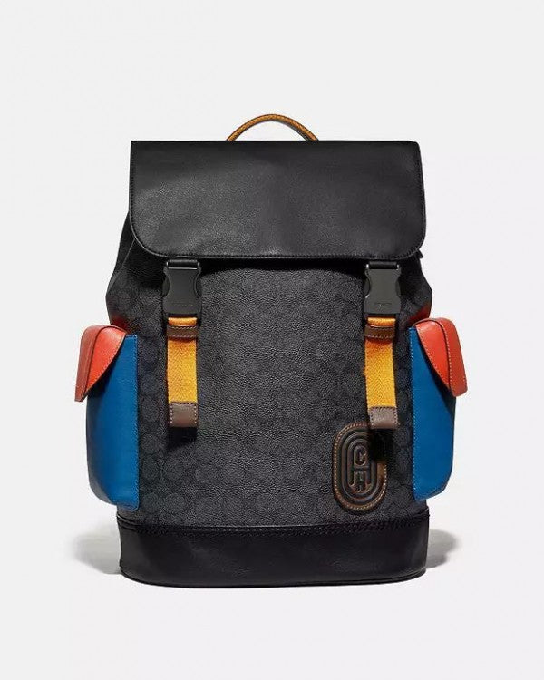 Coach Restored  Rivington Backpack In Colorblock Signature Canvas With Coach Patch With Bill & Dust Bag (060 Black Blue Orange)