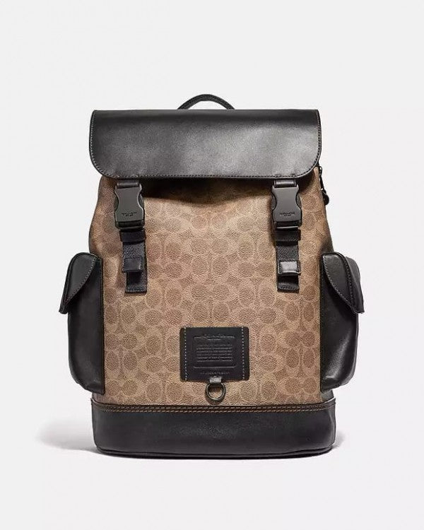 Coach Restored Rivington Backpack In Colorblock Signature Canvas With Coach Patch With Bill & Dust Bag (060 Apricot Black)