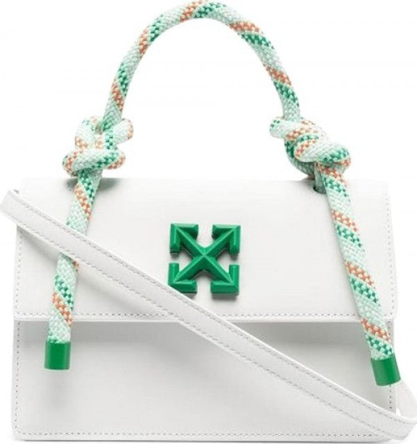 Off-White Leather Insert Gummy Greeny with Metallic Green Arrows At Front. Rope Handle Jitney 1.4 Shoulder Bag (D88532 White)