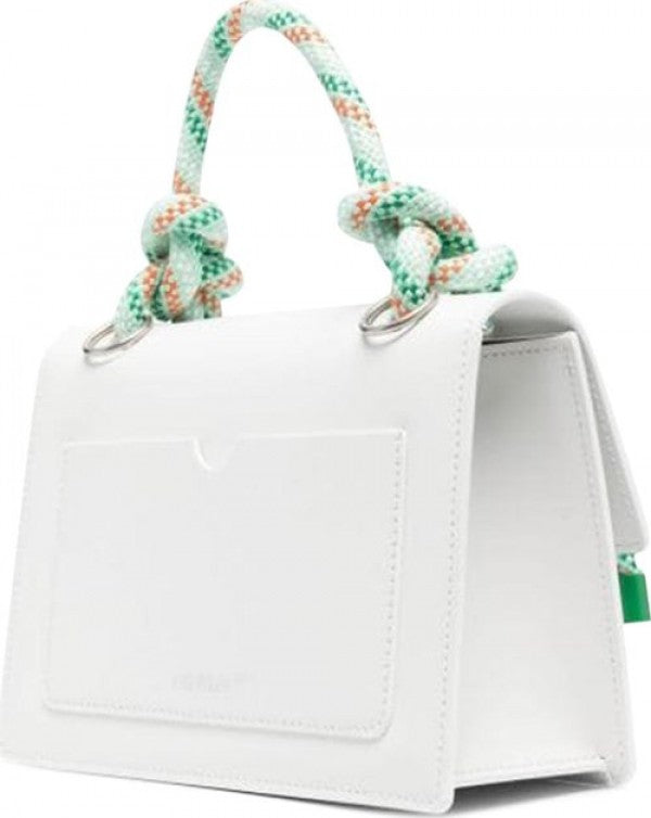 Off-White Leather Insert Gummy Greeny with Metallic Green Arrows At Front. Rope Handle Jitney 1.4 Shoulder Bag (D88532 White)