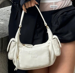 Miu Miu Pocket Logo-Embossed Shoulder Bag With OG Box & Dust Bag (161 White)