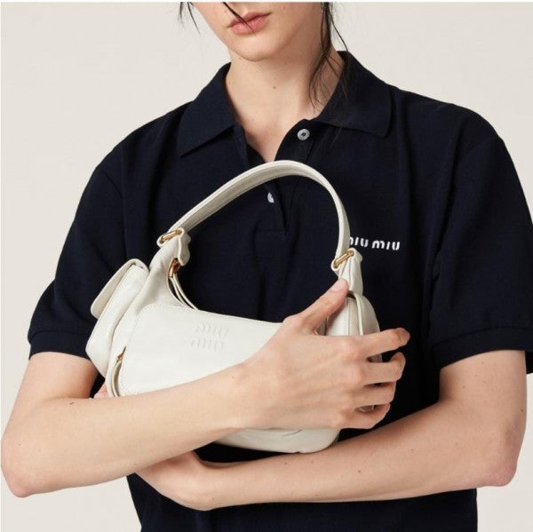 Miu Miu Pocket Logo-Embossed Shoulder Bag With OG Box & Dust Bag (161 White)