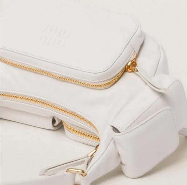 Miu Miu Pocket Logo-Embossed Shoulder Bag With OG Box & Dust Bag (161 White)