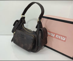 Miu Miu Pocket Logo Embossed Shoulder Bag With OG Box & Dust Bag (161 Coffee)