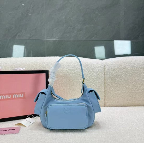 Miu Miu Pocket Logo Embossed Shoulder Bag With OG Box & Dust Bag (161 Blue)