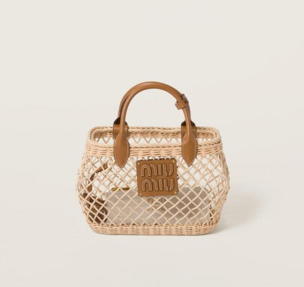 Miu Miu Woven Fabric Handbag With Leather Trim With Pouch With Dust Bag (609 Brown)