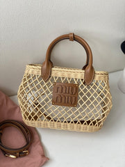 Miu Miu Woven Fabric Handbag With Leather Trim With Pouch With Dust Bag (609 Brown)