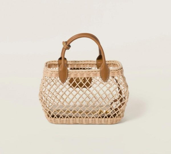 Miu Miu Woven Fabric Handbag With Leather Trim With Pouch With Dust Bag (609 Brown)