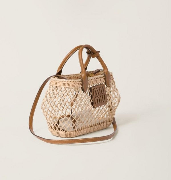 Miu Miu Woven Fabric Handbag With Leather Trim With Pouch With Dust Bag (609 Brown)