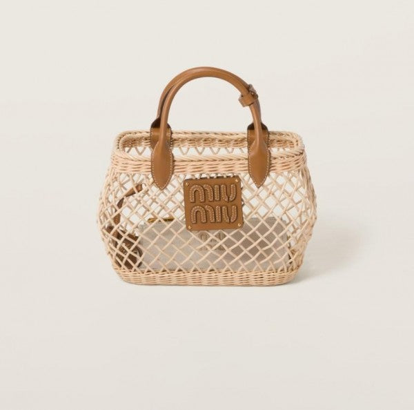 Miu Miu Woven Fabric Handbag With Leather Trim With Pouch With Dust Bag (609 Brown)