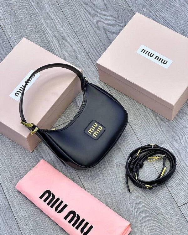 Miu Miu Leather Hobo armpit Bag With OG Box & Dust Bag (359 Black)