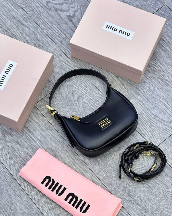 Miu Miu Leather Hobo armpit Bag With OG Box & Dust Bag (359 Black)