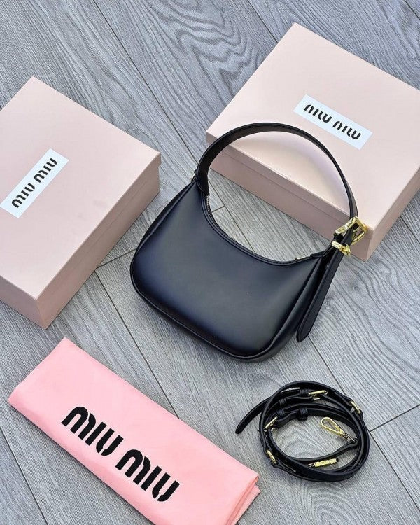 Miu Miu Leather Hobo armpit Bag With OG Box & Dust Bag (359 Black)