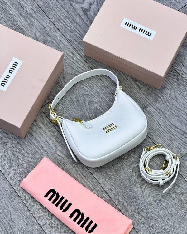 Miu Miu Leather Hobo armpit Bag With OG Box & Dust Bag (359 White)