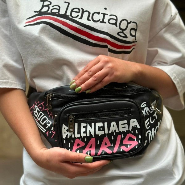 Balenciaga Grafiti Unisex Waist Pouch Track Belt Bag Signature With Dust Bag (B16 Black)