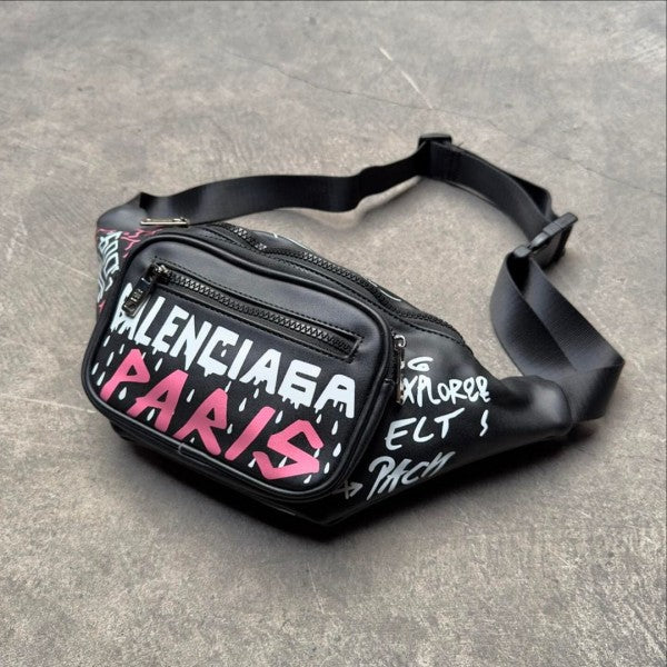 Balenciaga Grafiti Unisex Waist Pouch Track Belt Bag Signature With Dust Bag (B16 Black)