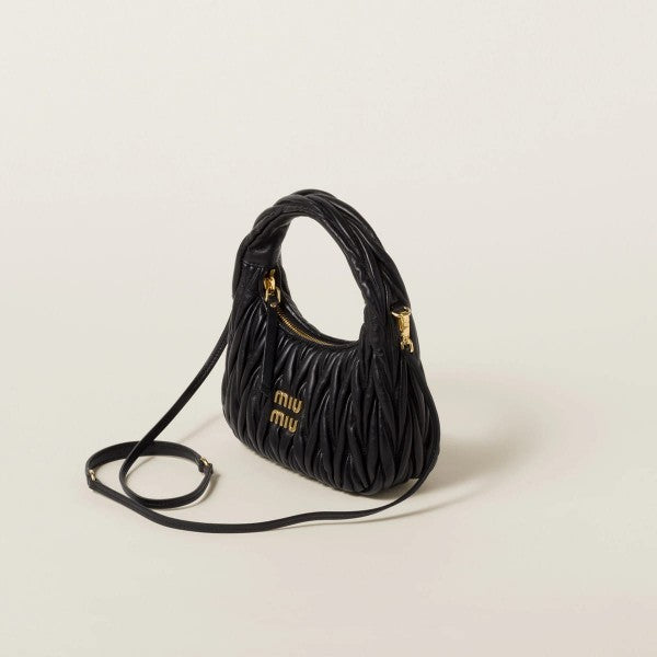 Miu Miu Wander Matelass Nappa Leather Hobo Bag With OG Box Dust Bag (2178 Black)