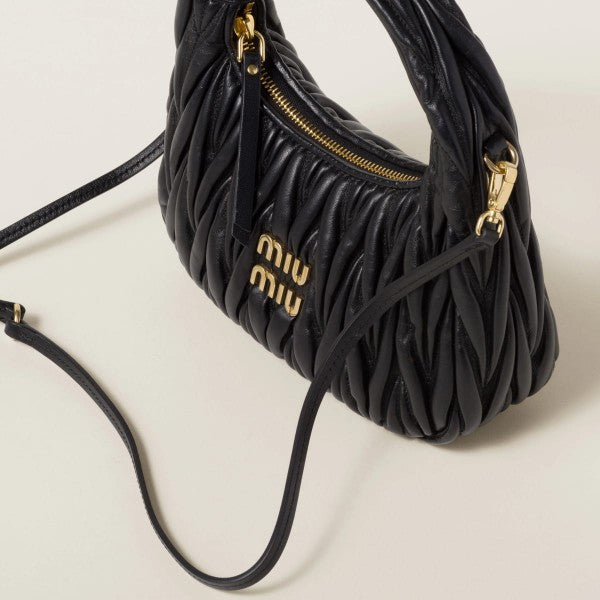 Miu Miu Wander Matelass Nappa Leather Hobo Bag With OG Box Dust Bag (2178 Black)