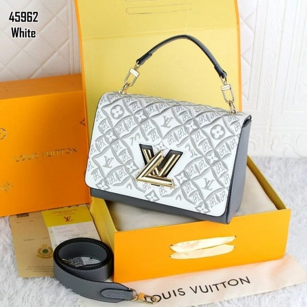 Louis Vuitton Embroidered Twist Logo Premium Double Box Bag With Shoulder Strap (45962 White Grey)