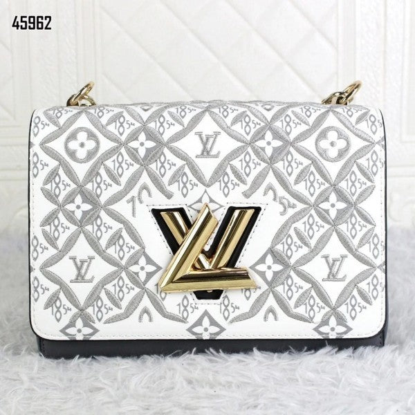 Louis Vuitton Embroidered Twist Logo Premium Double Box Bag With Shoulder Strap (45962 White Grey)