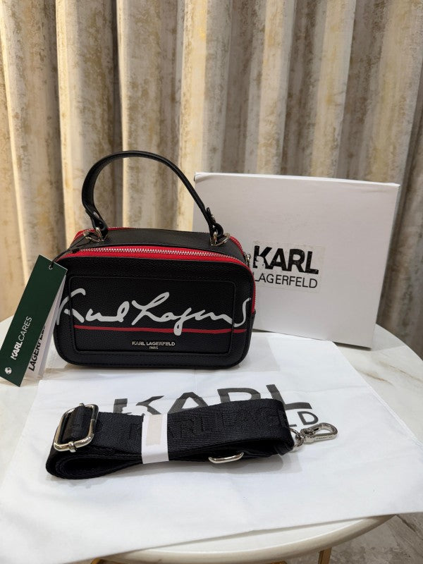 Karl Lagerfeld Simone Top Handle Leather Small Camera Sling Bag With OG Box & Dust Bag (Black KB027-2)