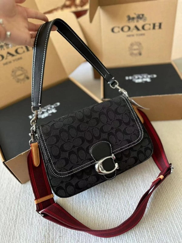 Coach Soft Tabby Shoulder Bag In Signature Denim With OG Box Dust Bag (Black 66130)