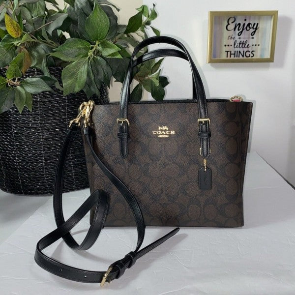 Coach Mollie Leather Tote Bag With OG Box Dust Bag & Shoulder Strap (Coffee Black)