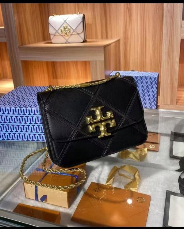 Tory Burch Black Diamond Quilt Leather Eleanor Shoulder Bag With OG Box & Dust Bag TR085 Black