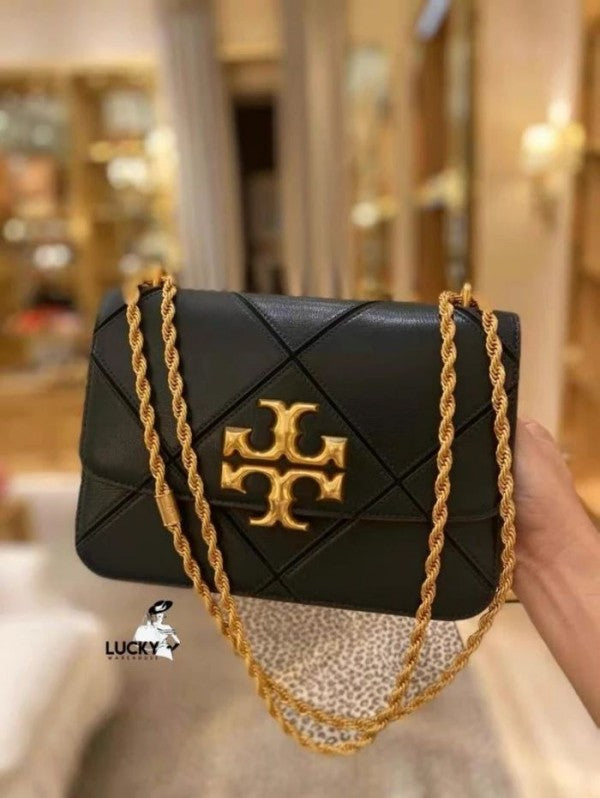 Tory Burch Black Diamond Quilt Leather Eleanor Shoulder Bag With OG Box & Dust Bag TR085 Black