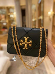 Tory Burch Black Diamond Quilt Leather Eleanor Shoulder Bag With OG Box & Dust Bag TR085 Black