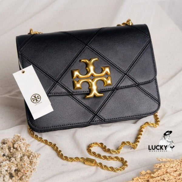 Tory Burch Black Diamond Quilt Leather Eleanor Shoulder Bag With OG Box & Dust Bag TR085 Black