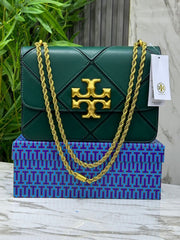 Tory Burch Green Diamond Quilt Leather Eleanor Shoulder Bag With OG Box & Dust Bag TR084 Green