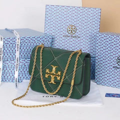 Tory Burch Green Diamond Quilt Leather Eleanor Shoulder Bag With OG Box & Dust Bag TR084 Green