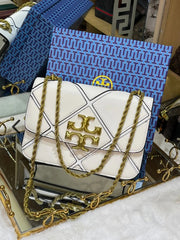 Tory Burch White Diamond Quilt Leather Eleanor Shoulder Bag With OG Box & Dust Bag TR084 White