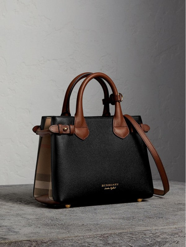 Burberry Medium Banner Handbag With Dust Bag & Shoulder Strap (Black Brown-332)