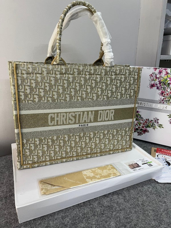 Christian Dior Book Tote Oblique Embroidery With OG Box & Dust Bag & Scarf (Gold M929 41Cm)