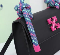 Off-White Leather Insert Gummy Black with Metallic Pink Arrows At Front. Rope Handle Jitney 1.4 Shoulder Bag (D885311 Black)