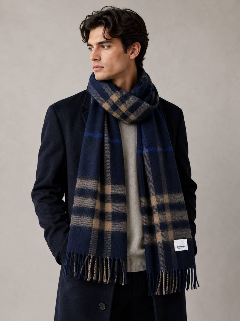 Burberry Navy Blue Checkered Winter Scarf With Fringes With Polythene