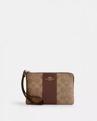 Coach Corner Zip Wristlet In Signature Canvas With Brown Stripe With OG Box & Dust Bag 104