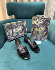 Christian Dior Black Leather Heel Mule With OG Box & Carry Bag 14072