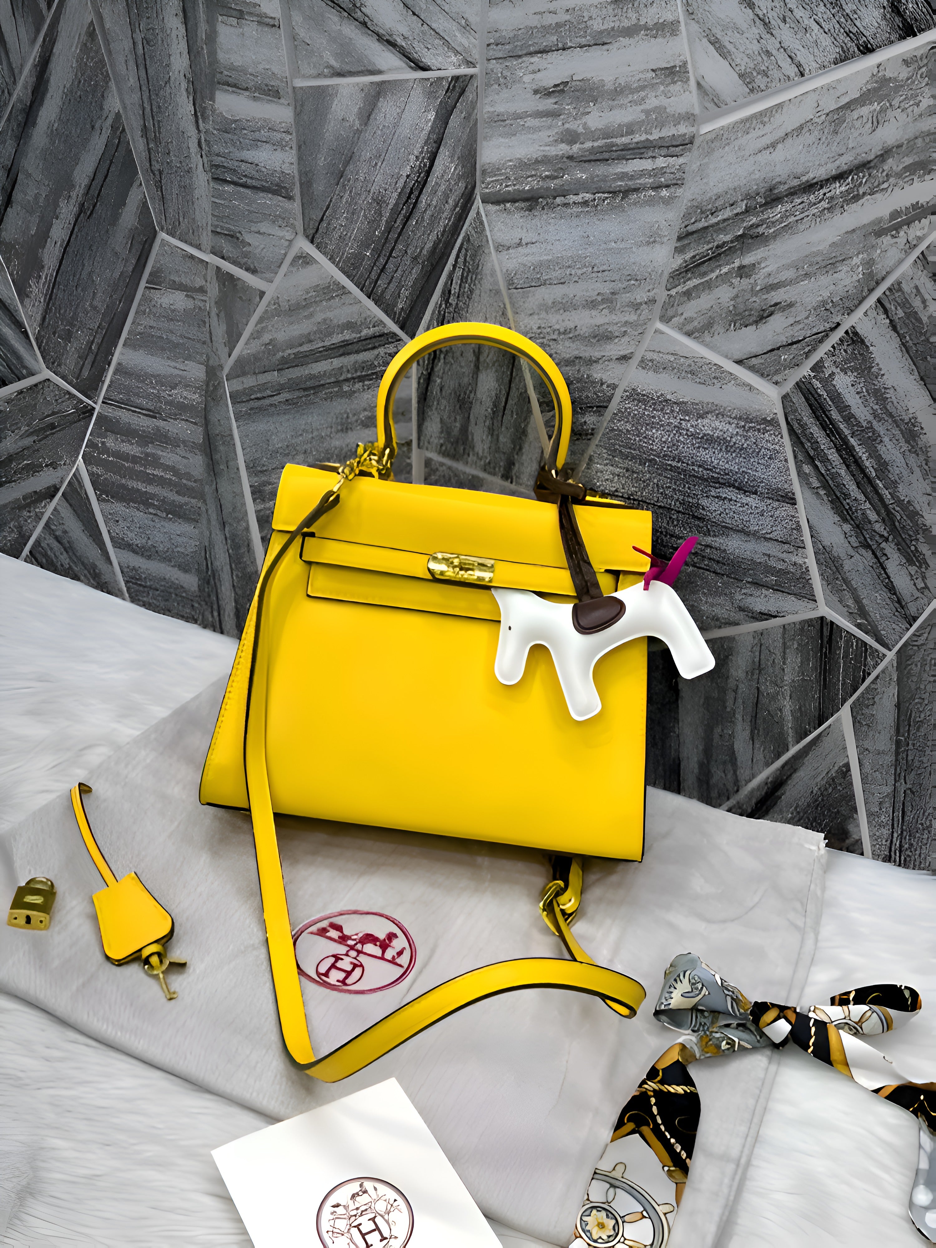 Hermes Kelly 25 Yellow With DustCover Long Belt HorseCharm Ribbon Premium Medium Handbag
