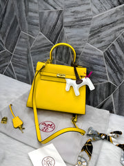 Hermes Kelly 25 Yellow With DustCover Long Belt HorseCharm Ribbon Premium Medium Handbag