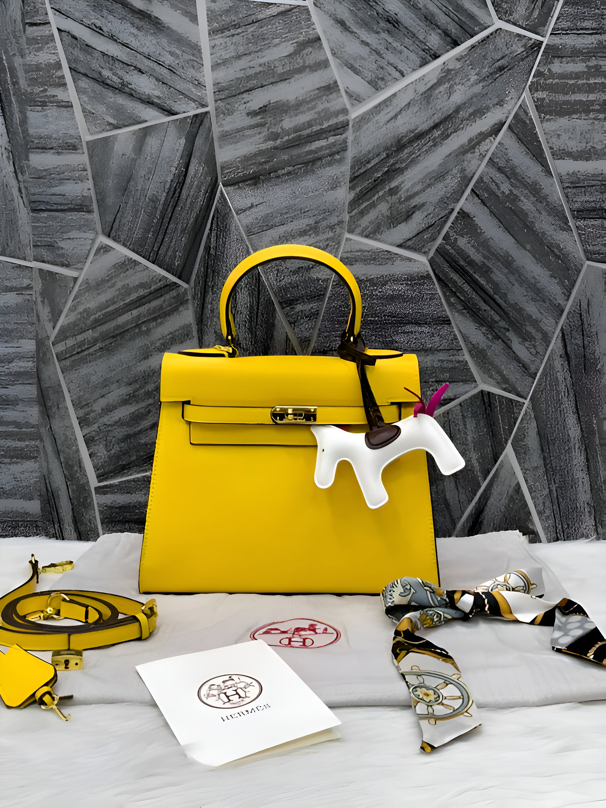Hermes Kelly 25 Yellow With DustCover Long Belt HorseCharm Ribbon Premium Medium Handbag