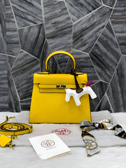 Hermes Kelly 25 Yellow With DustCover Long Belt HorseCharm Ribbon Premium Medium Handbag