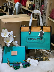 Coach Field Tote 30 Authenic Green Canvas  Leather With Pouch OG Box & Dust Bag 6739 Green