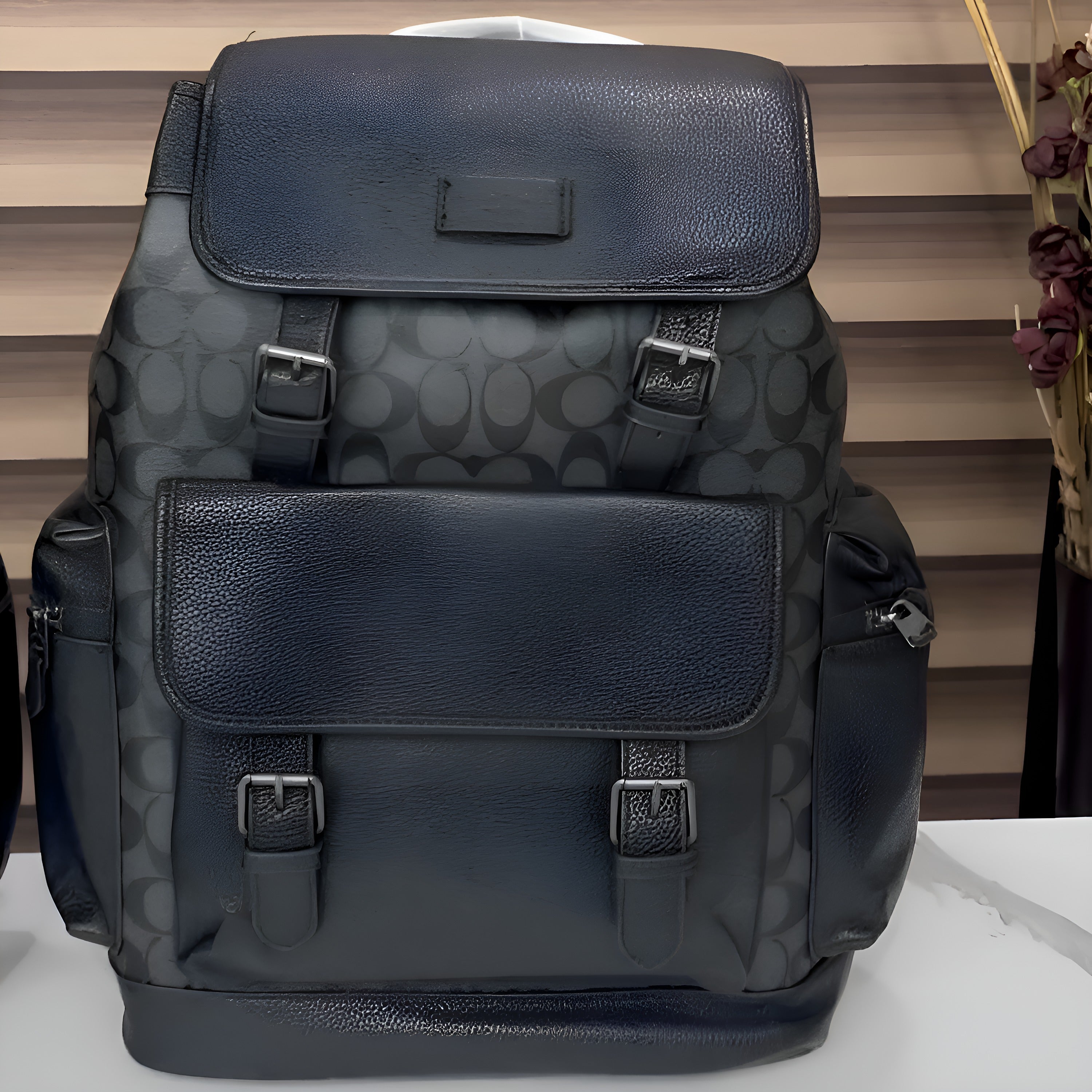 Coach Unisex Rivington Backpack Black Sprint Leather With Dust Bag 059 Black Black