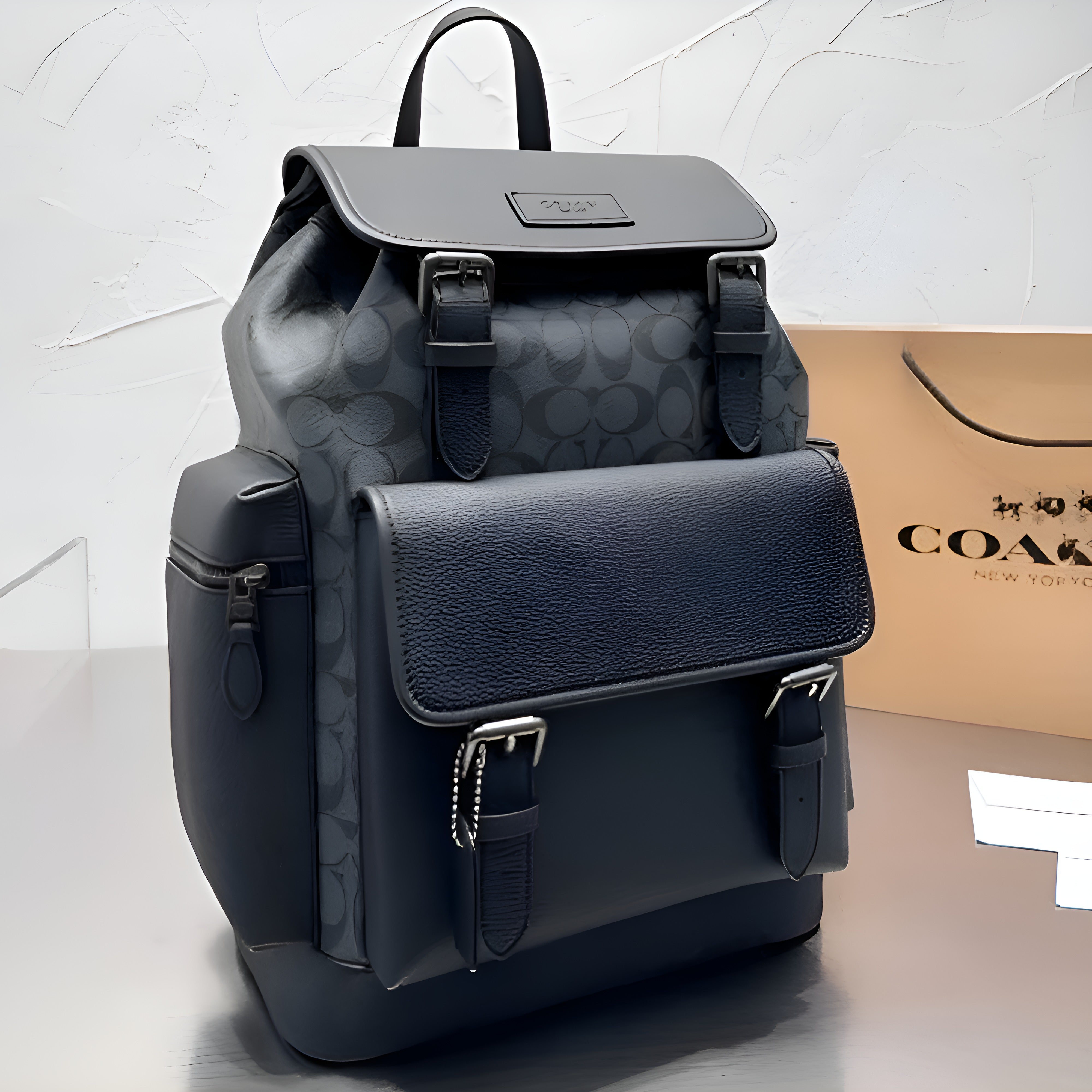 Coach Unisex Rivington Backpack Black Sprint Leather With Dust Bag 059 Black Black