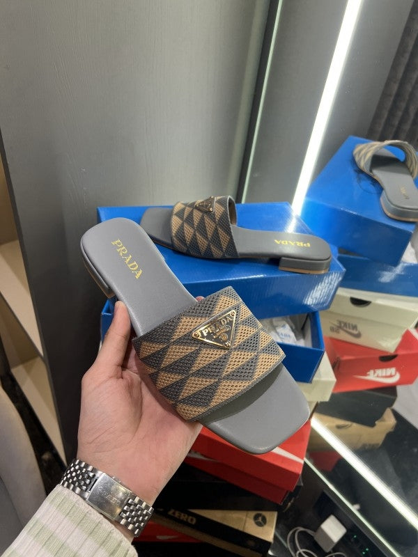 Prada Geometric Logo Slides With OG Box & Dust Bag (Grey)