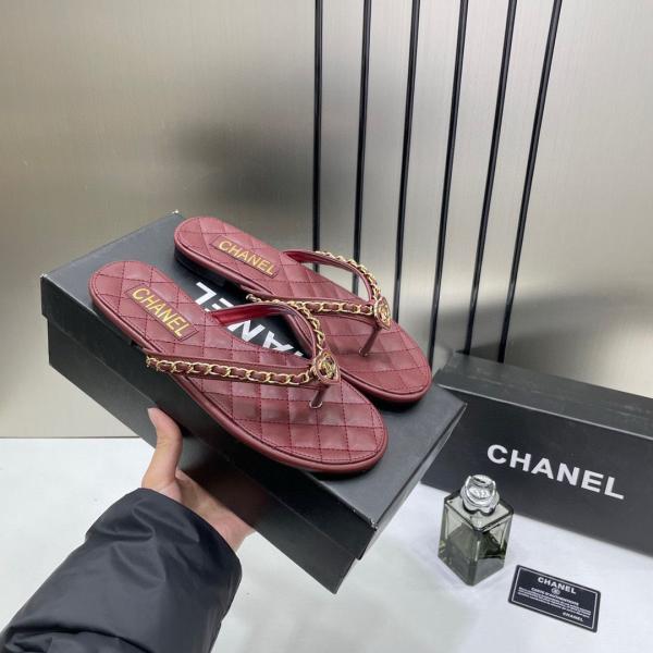 Chanel Thong Slides Red Wine For Women With Original Box